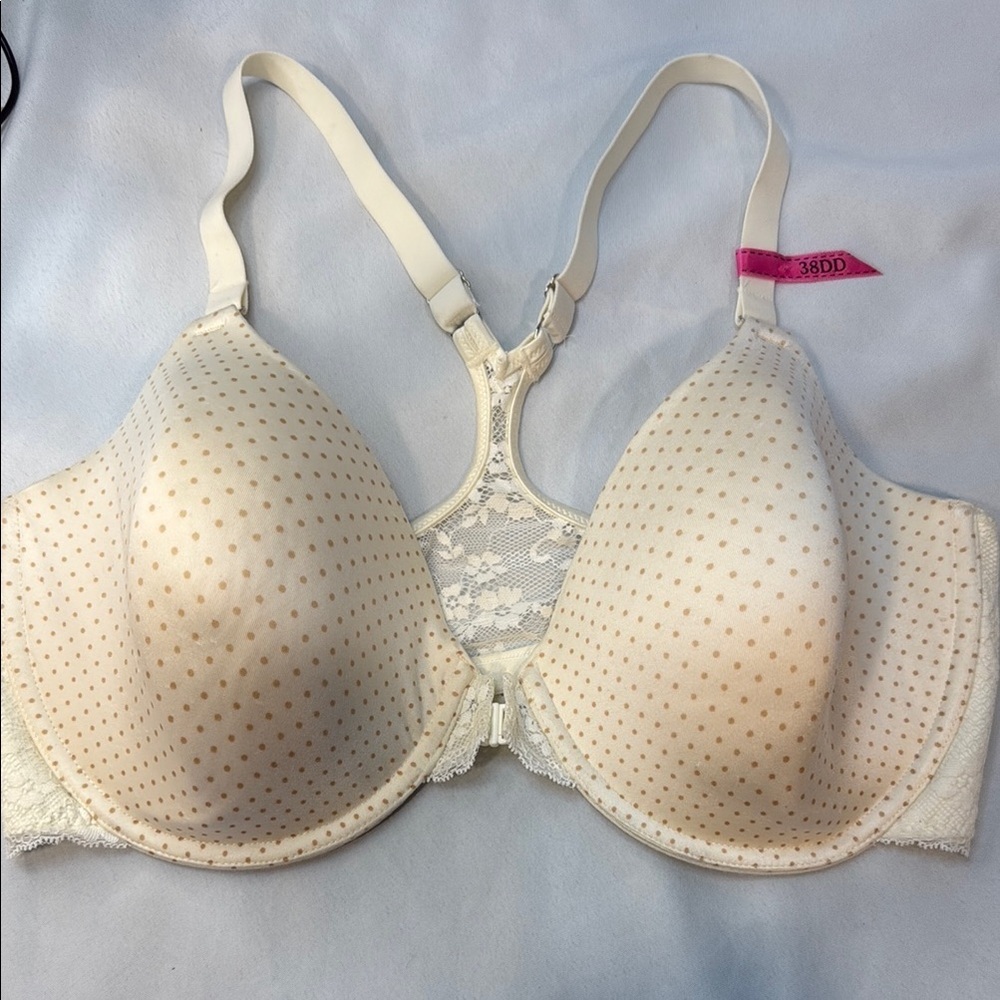 Maidenform Polka Dot Lace Bra - Cream, racerback, front close, 38DD, New